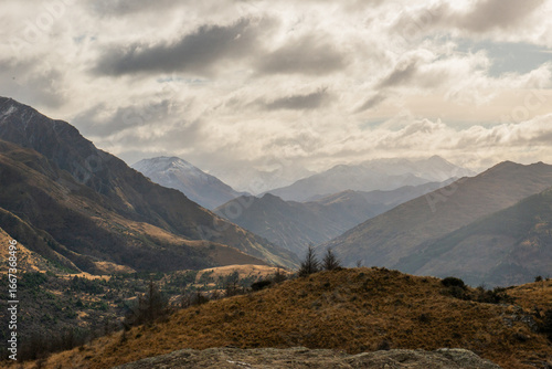 Mountain views on cloudy day from the top of Queenstown Hill