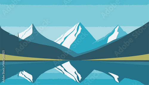 Mountain peaks reflecting in a still alpine lake