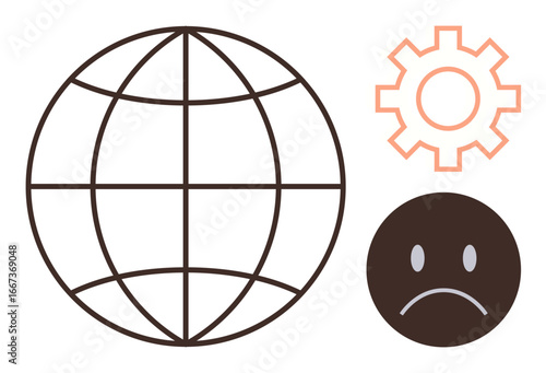 Globe indicating worldwide concerns, gear symbolizing industry or progress, and sad face representing struggles. Ideal for global issues, environment, technology, economy, human emotion