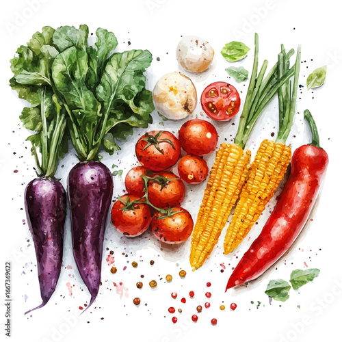 Colorful Harvest Vegetables, watercolor illustration vector, isolated on a white background.