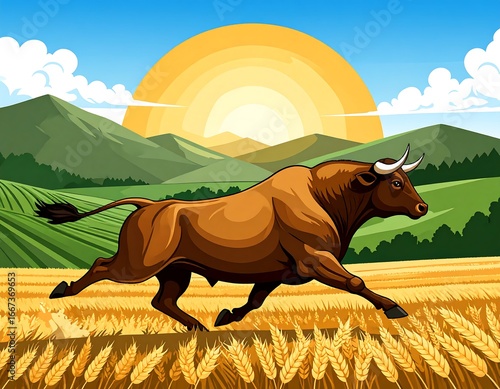 Bull running through golden wheat field at sunrise