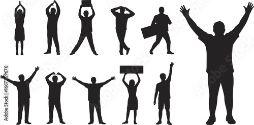 Silhouette people vector illustration, human figures in different poses, holding signs and raising hands, black outline characters, protest and celebration concept, standing walking cheering shouting