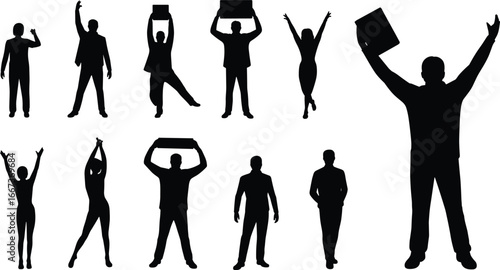 Silhouette people vector illustration, human figures standing and walking, holding signs and raising arms, black outline characters, protest crowd, cheering celebration, graphic art, icon design