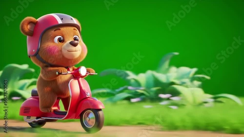 Cartoon Bear Riding Scooter Outdoors on Green Background for Animated Scenes