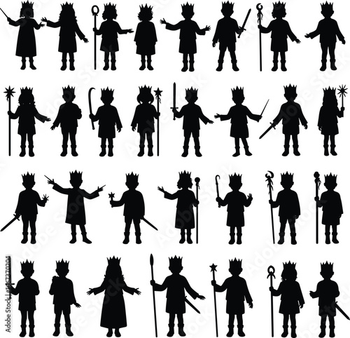 Royal silhouette vector, king and queen outline, crowned child characters, medieval fantasy icons, prince and princess art, black shadow illustration, monarchy costume design