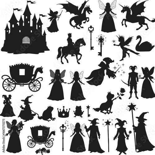 Fairy tale silhouette, princess and prince, magical castle, dragon and unicorn, enchanted carriage, fairy godmother, magic wand, fantasy kingdom, storybook character illustration