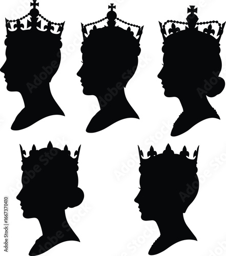 Queen silhouette profile, royal crown design, vintage monarch illustration, elegant female portrait, regal headpiece art, antique royalty figure, majestic woman outline, classic queen vector
