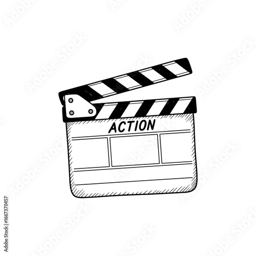 Movie clapperboard doodle icon. Clapperboard to start a video clip scene with a white background.