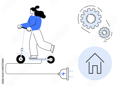 Female riding electric scooter connected with plug, gears illustrating functionality, house symbol for eco-lifestyle. Ideal for energy efficiency, transport, innovation, eco-living, technology
