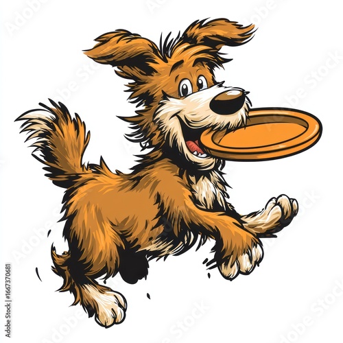 Cartoon brown dog leaping with a frisbee in its mouth, with joyful expression