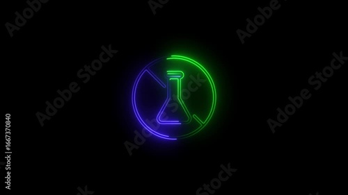 Green and purple neon prohibition sign with laboratory flask on black background forbidden stop