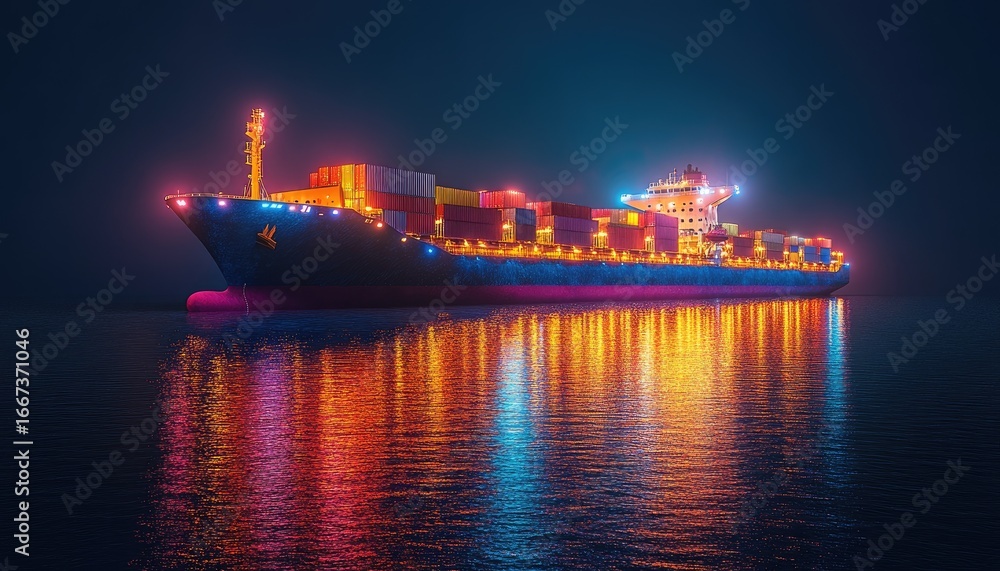 Obraz premium Night shot of a cargo ship loaded with containers at sea. Itâ€™s perfect for illustrating global trade and logistics.