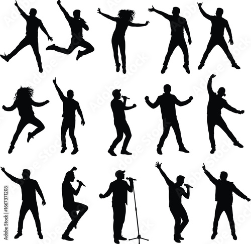 Singer and dancer silhouettes, music performance vector, concert stage illustration, energetic poses, microphone stand graphic, male and female artist shadow art