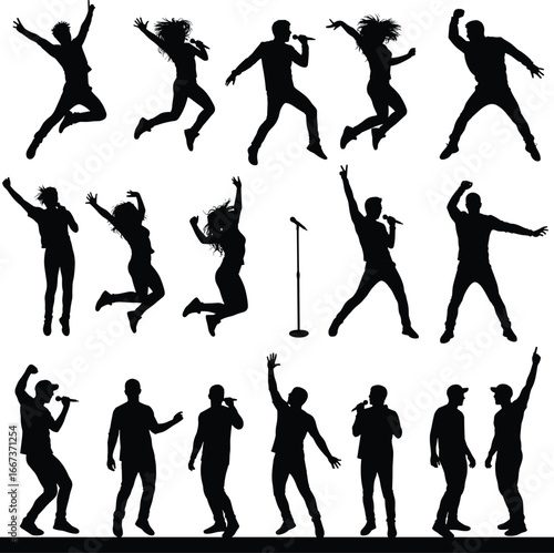 Singing and dancing silhouettes, concert performance vector, music stage illustration, energetic jumping poses, male and female singer art, microphone stand graphic