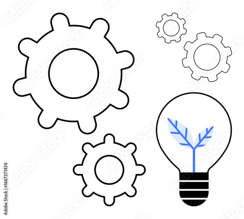Interconnected gears and a light bulb with growing leaves inside symbolize growth, sustainability, innovation, teamwork, problem-solving, creativity, renewable energy. Ideal for business