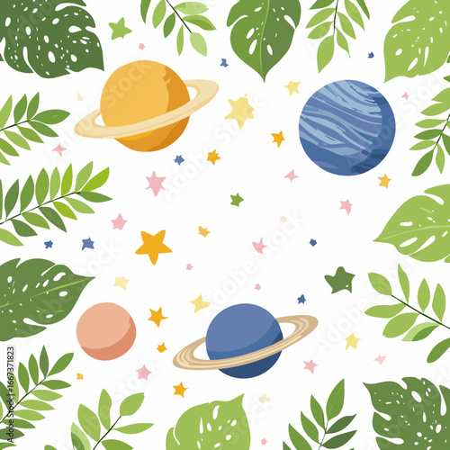 background with Planets and stars among foliage