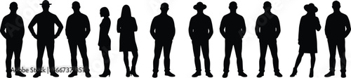group of people silhouettes, standing poses, men and women vector, human figures clipart, fashion outline design, crowd shadow illustration art, black shape