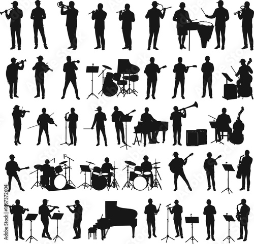 musician silhouettes vector, band performance illustration, musical instrument players, orchestra outline set, concert graphic design, jazz band art, 