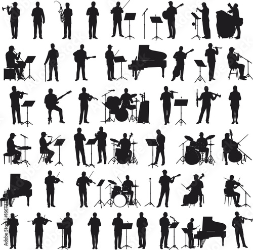 musician silhouettes vector, orchestra players illustration, jazz band artwork, concert performance graphic, musical instrument vector art, band practice 