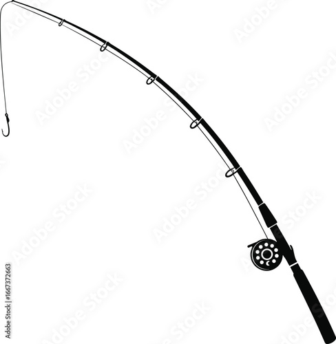 fishing rod silhouette, fishing pole vector, fishing gear illustration, angling equipment graphic, bait hook design, outdoor fishing tool, sport fishing icon, fishing tackle art