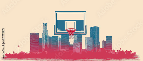 Modern Los Angeles Skyline with Basketball Hoop Illustration – Urban Sport Art, Downtown Cityscape, Red Blue Grunge, Contemporary Design