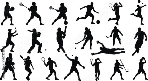 Silhouettes of athletes playing tennis, baseball, basketball, soccer, lacrosse, field hockey, volleyball, dynamic sports action, fitness, training, competition
