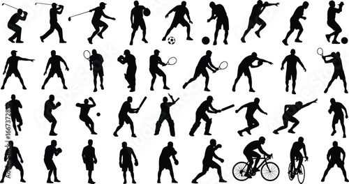 Silhouettes of athletes playing tennis, basketball, boxing, cycling, golf, baseball, soccer, fitness training, active sports lifestyle, dynamic competition