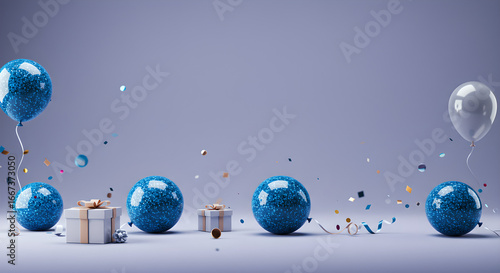 Celebratory scene featuring sparkling blue balloons, elegant gift boxes, and dynamic confetti on a soft background.