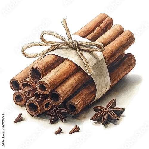 Cinnamon Sticks, watercolor illustration vector, isolated on a white background.