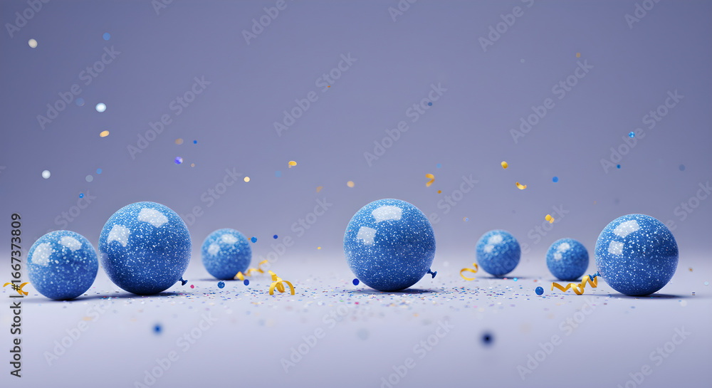 Fototapeta premium Festive blue speckled spheres and golden ribbons scattered with sparkling confetti on a serene pastel background.