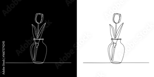 Elegant single line art of a tulip in a vase, perfect for modern decor and floral designs.