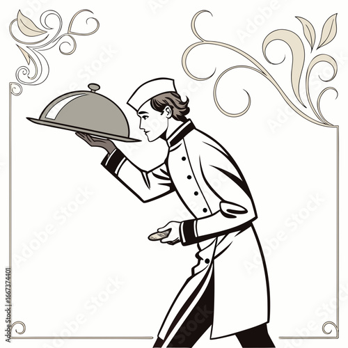 Gourmet chef serving dish with silver lid.