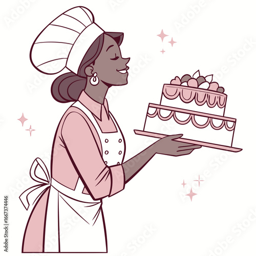 Chef woman confectioner holding decorated cake.