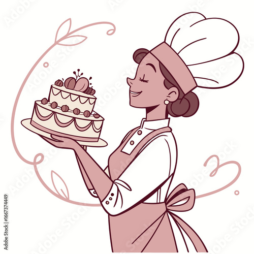 Chef woman confectioner holding decorated cake.