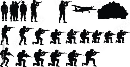 Military silhouettes, armed soldiers, tactical squad, army troops, combat training, rifle shooting, battlefield action, defense force, weapon, mission, war, security
