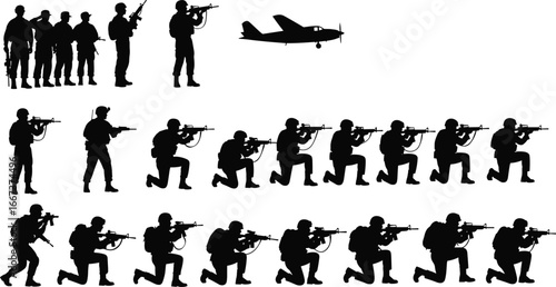 Military silhouettes, armed soldiers, army troops, combat training, rifle shooting, tactical squad, war fighters, battlefield action, defense, security, weapon, mission
