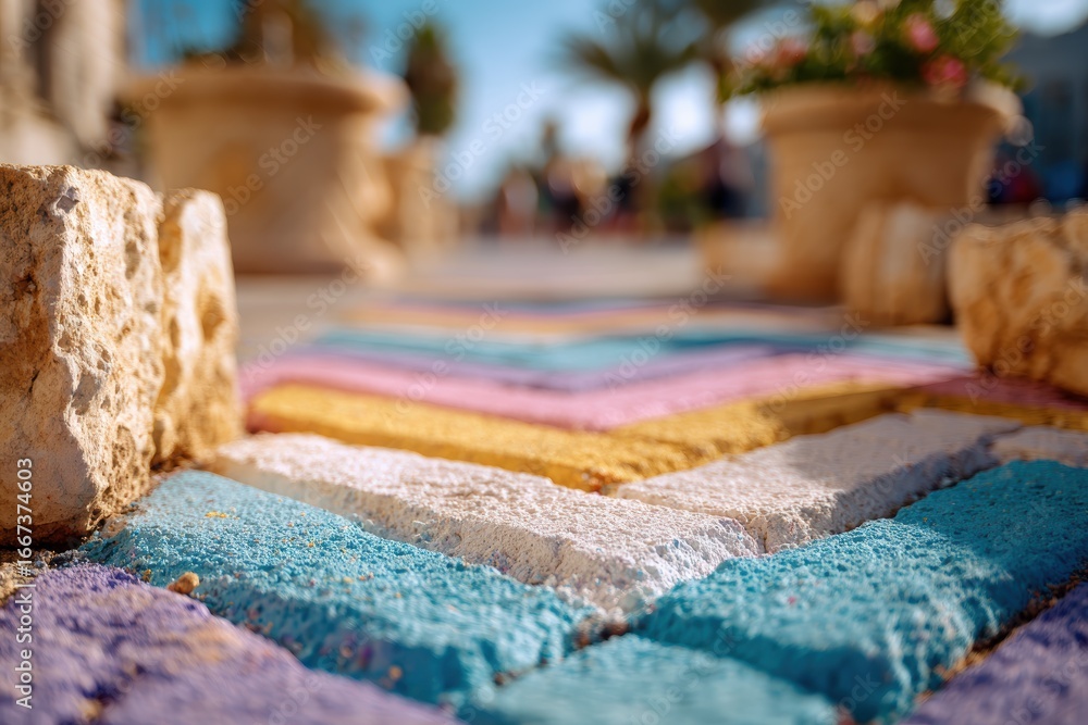 Fototapeta premium Colorful Herringbone Patterned Pathway with Vibrant Painted Stones Surrounded by Lush Greenery and Potted Plants in a Beautiful Outdoor Setting