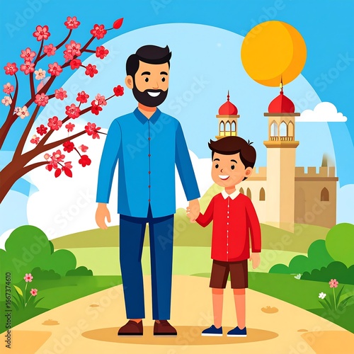 Father and son walking, mosque background
