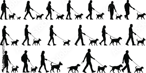 Dog walking silhouettes, people with pets, outdoor activity, walking dogs, lifestyle exercise, animal companionship, owner and pet, friendship, training, family