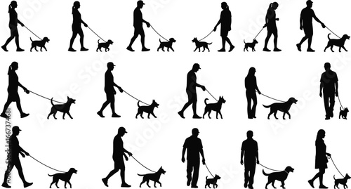 Dog walking silhouettes, people walking pets, outdoor activity, pet owners with dogs, lifestyle exercise, companionship, friendship, fitness, training, family bonding