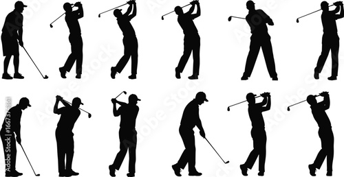Golf player silhouette, golfer swing action, man with club, sports athlete, golfing motion, golf shot pose, professional outdoor sport icon