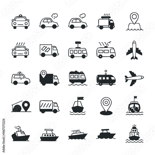Transportation icons cars trucks boats and airplanes in minimalist style for graphic design projects. Vector outline illustration