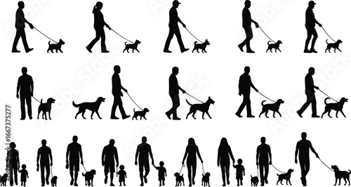 Silhouette people walking dogs, family with children, outdoor activity, pet care, leisure walk, lifestyle, companionship, exercise, human figures, canine pets