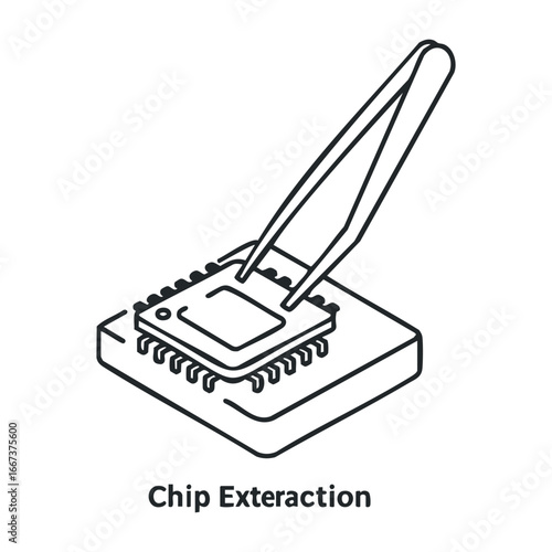 Chip extraction procedure lab environment technical guide cleanroom close-up semiconductors and electronics. Vector outline illustration