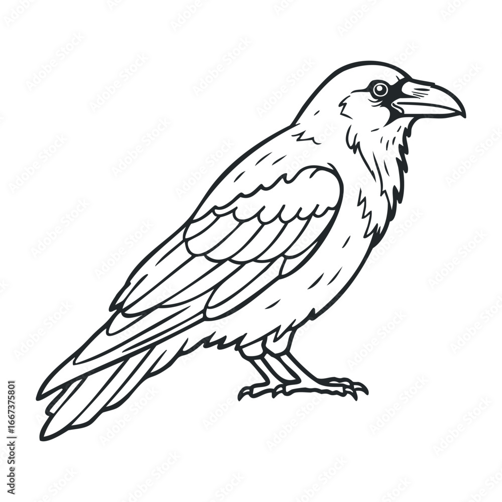 Fototapeta premium Captivating black raven perched on branch forest habitat wildlife illustration natural environment side view bird symbolism. Vector outline illustration