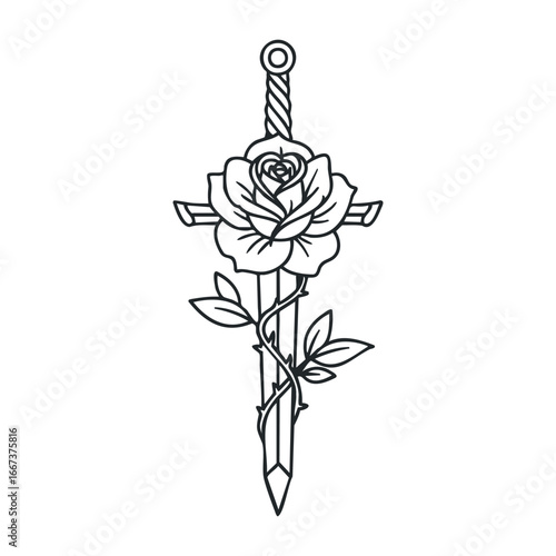 Symbolic sword and rose tattoo design ink art creative studio minimalist style artistic perspective. Vector outline illustration