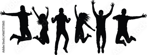 Jumping people silhouette, group celebration vector, happy friends illustration, energetic man woman design, joyful lifestyle artwork, freedom pose, dance fitness concept