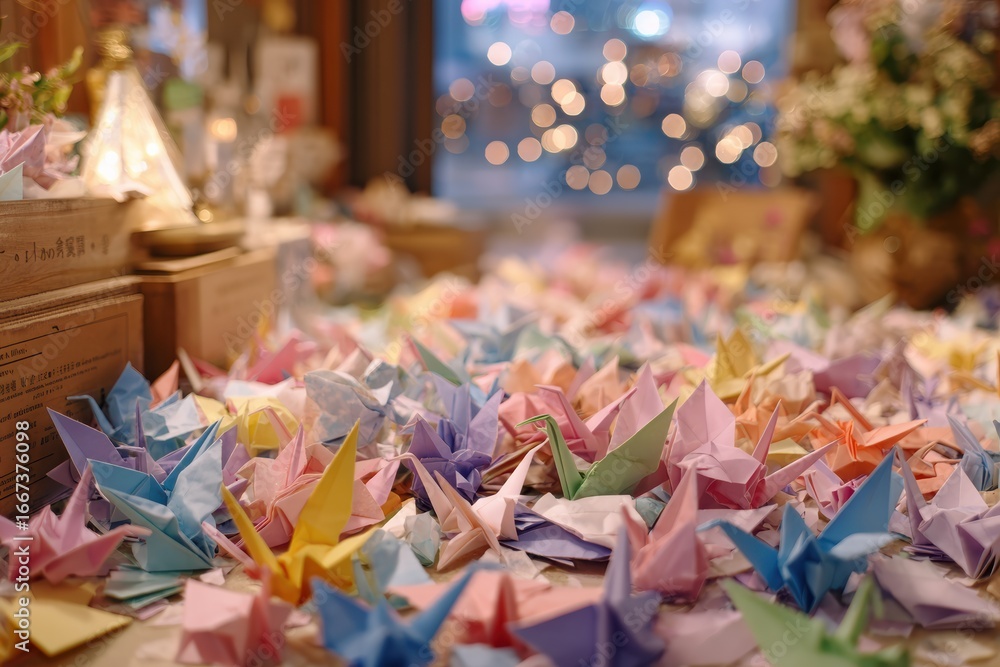 Fototapeta premium Colorful Origami Cranes Displayed on a Table in a Cozy Setting with Blurred Background of Lights and Flowers, Symbolizing Hope, Peace, and Creativity