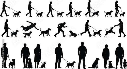 Dog walking silhouette, people with pets vector, man woman child with dog illustration, pet care design, outdoor lifestyle, friendship concept art