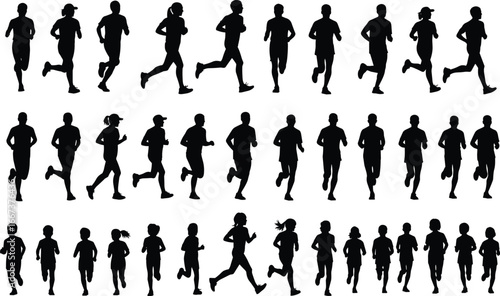 Running silhouette vector, jogger illustration, marathon runner poses, people jogging activity, fitness exercise design, healthy lifestyle concept, outdoor sport training artwork